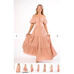 Worth Collective Genevieve Tiered Maxi Dress Peach Clay Off Shoulder Puff Sleeve